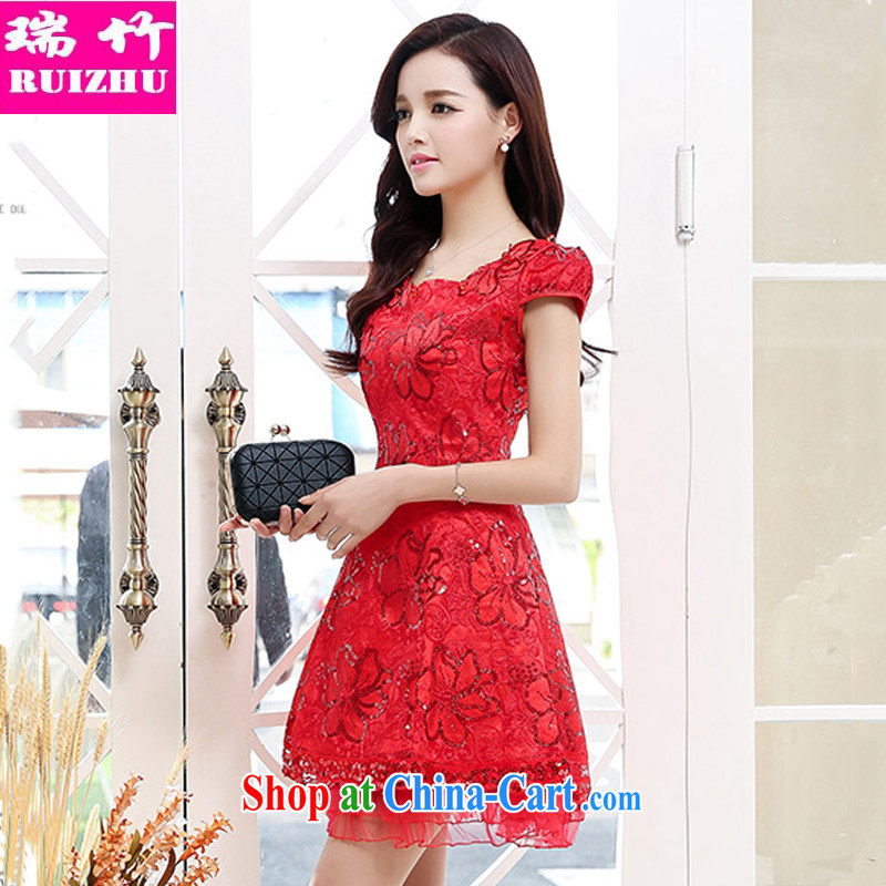 Shui-bamboo 2015 spring and summer and autumn with new Korean version of the greater V collar embroidered, bridal wedding dresses beauty graphics thin short-sleeved hosted the annual dinner will be served red XXL, bamboo (RUIZHU), shopping on the Internet