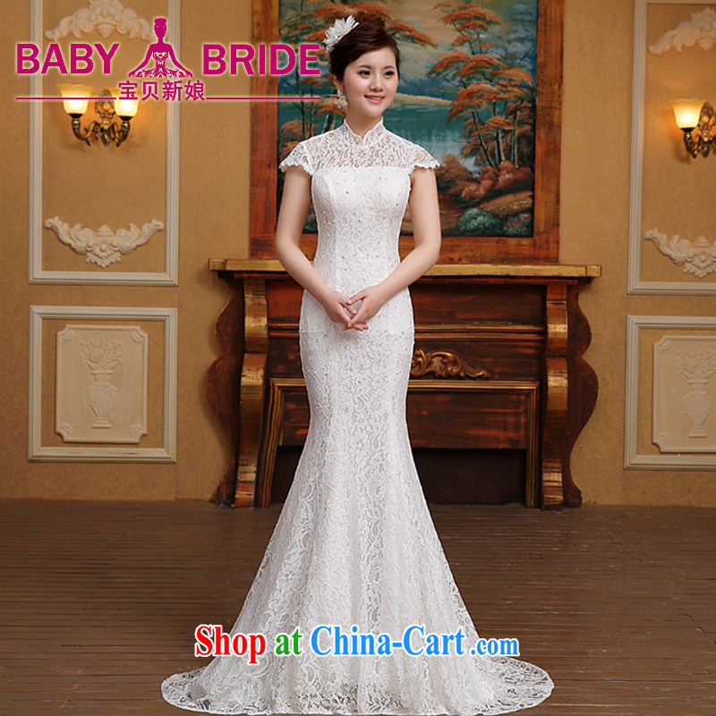 2015 new section for the European and American retro lace bridal the waist crowsfoot tail beauty wedding dresses video thin spring white L