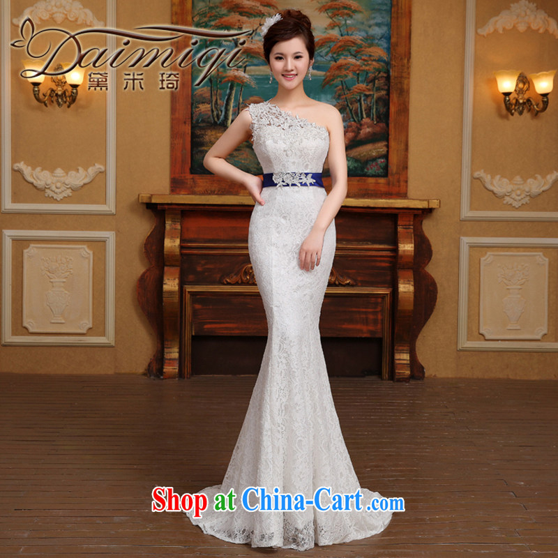 2015 new stylish wedding dresses Korean minimalist single shoulder-waist crowsfoot graphics thin lace-tail tied with antique white M