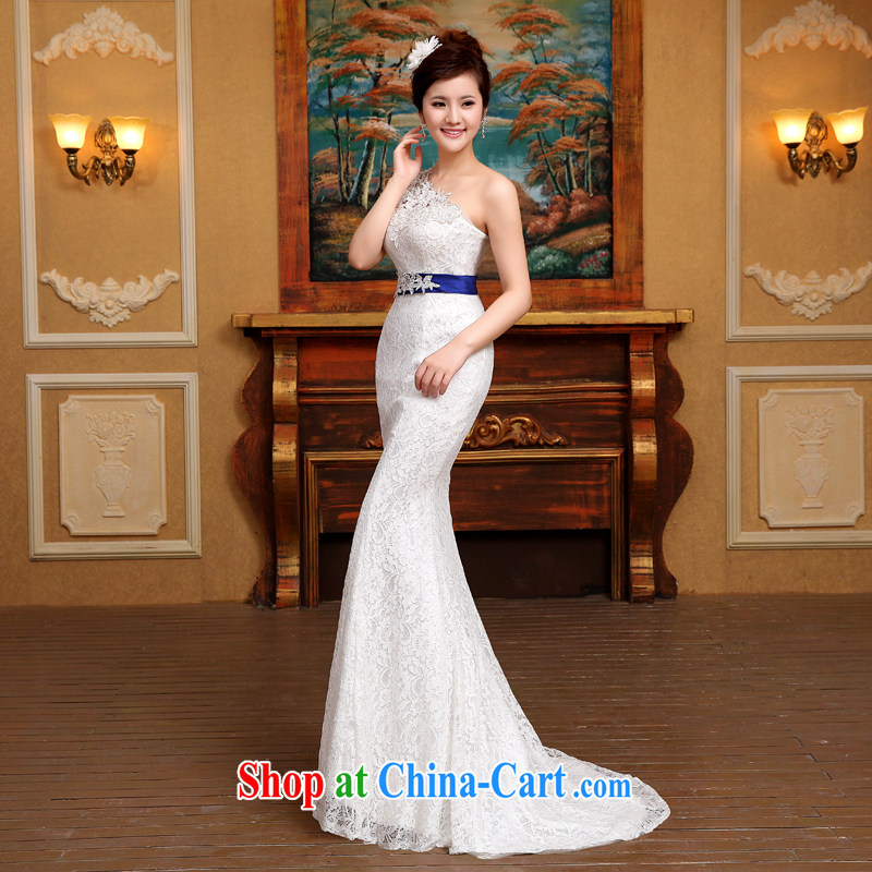 2015 new stylish wedding dresses Korean minimalist single shoulder-waist crowsfoot graphics thin lace tail strap retro white M, Diane M Qi, shopping on the Internet