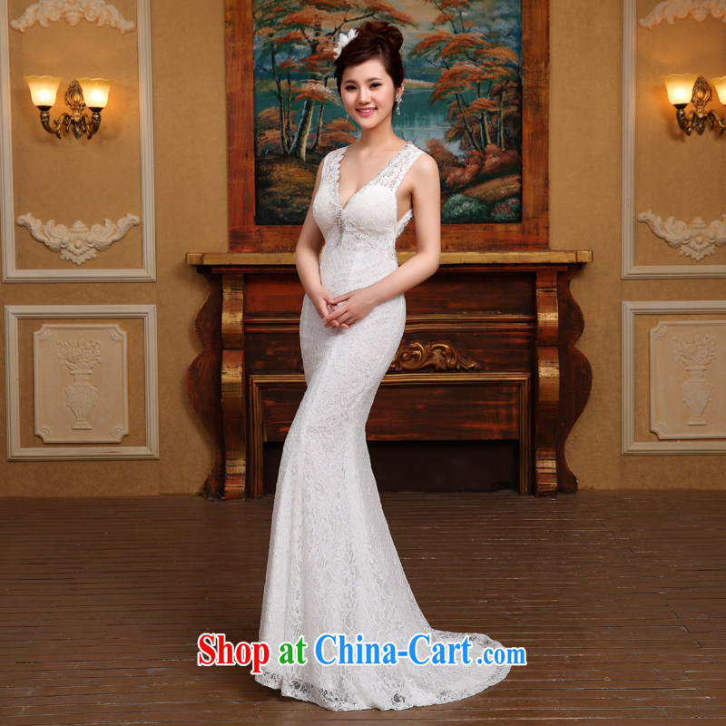 2015 stylish new sexy Deep v collar luxury lace crowsfoot tail bridal wedding dresses white M, Diane M Ki, shopping on the Internet