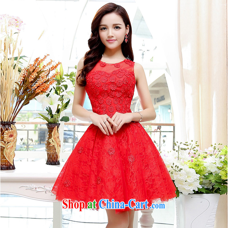 2015 new Korean Beauty Fashion Round collar sleeveless shaggy dress skirt 4 season long wedding dress dresses red M