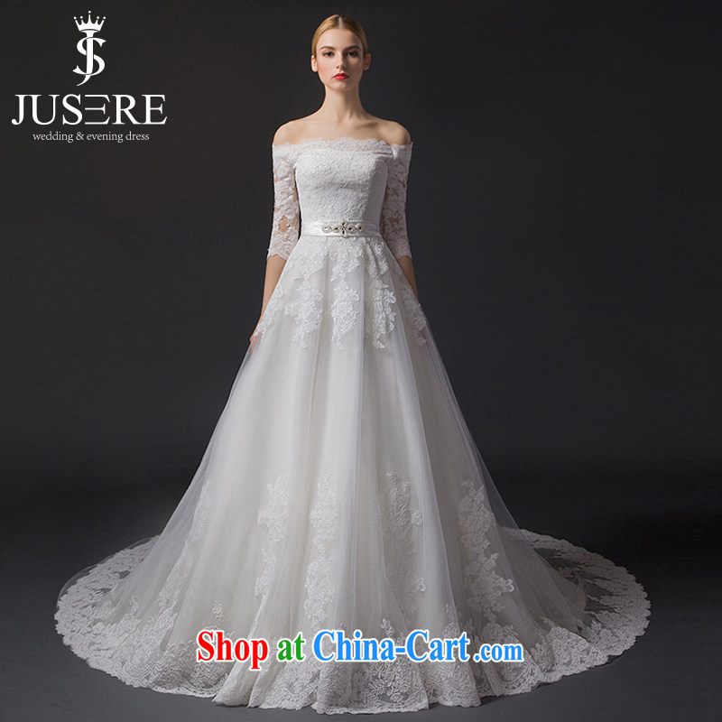 It is the JUSERE high-end wedding dresses 2015 New Field shoulder lace Openwork graphics skinny tail cuff in bridal wedding dress with wedding white tailored