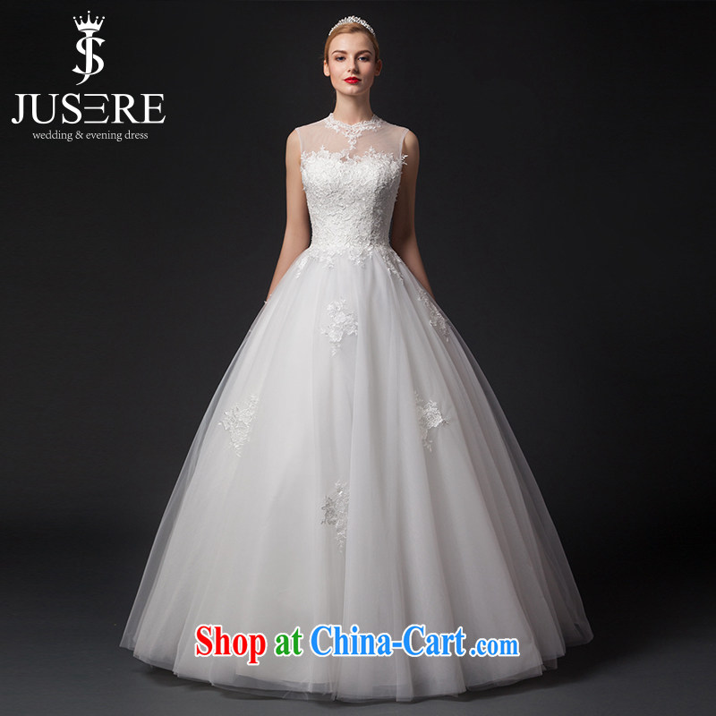 It is the JUSERE high-end wedding dresses 2015 New with transparent Web yarn lace shoulders bare chest Princess dress with white tailored