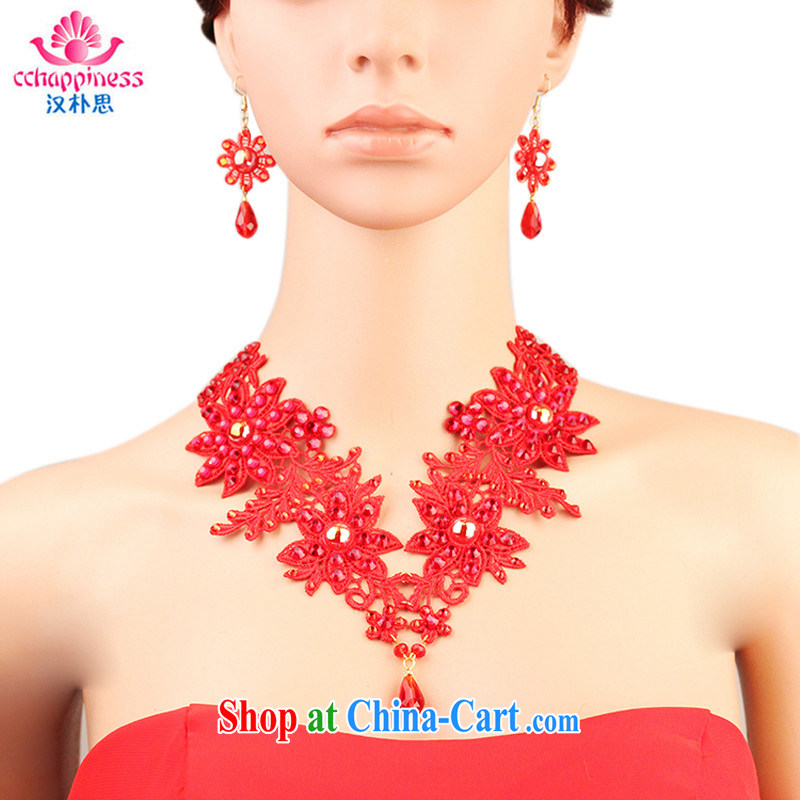 Han Park _cchappiness_ Ethnic Wind red water drilling lace necklace Bridal Fashion girls accessories gift sets and earrings set false collar red