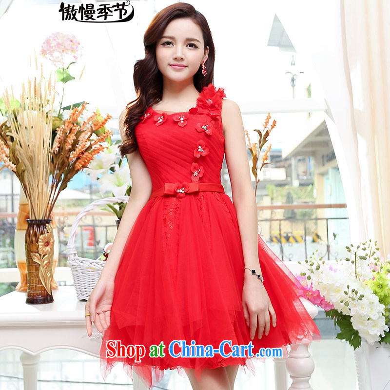 Arrogant season summer 2015 new Korean women waist-cultivating noble magnificent round-neck collar shaggy dress dress dress red S