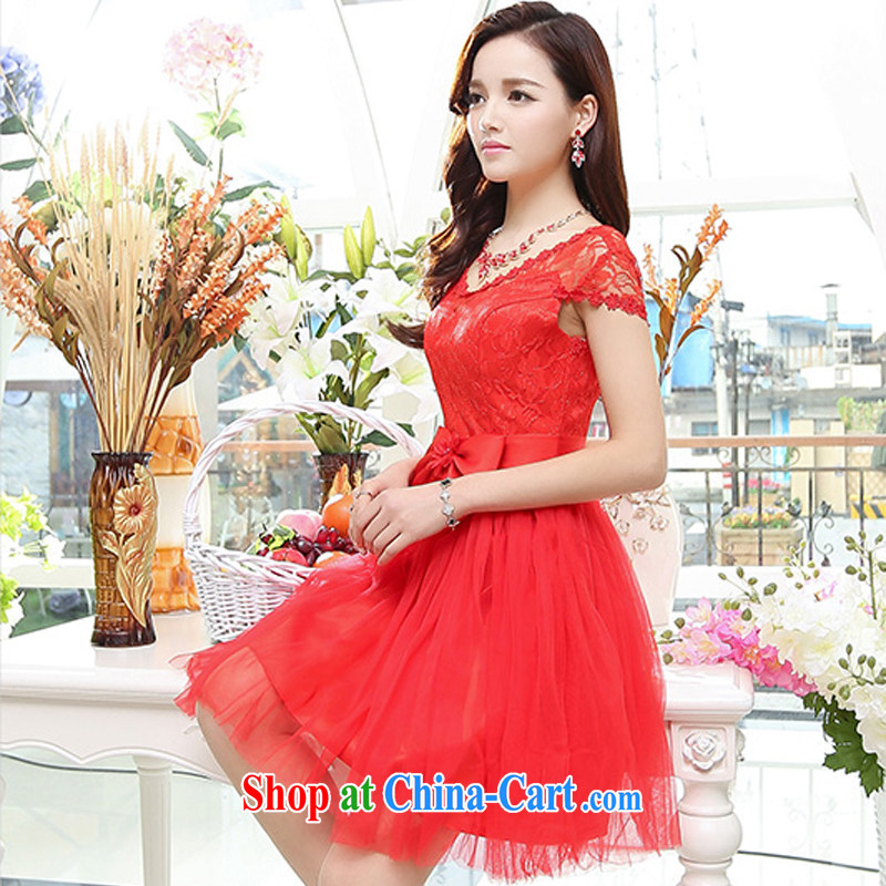 UYUK the new bride wedding toast clothing butterfly knot high waist lace V collar Web shaggy dress bridal gown red XL, Yi, with (UYUK), shopping on the Internet