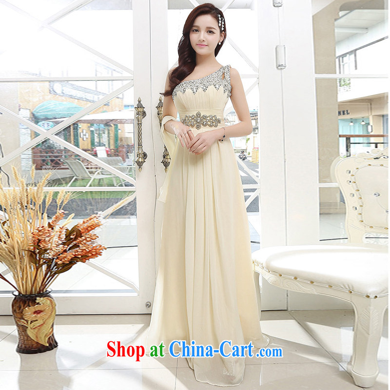The UYUK new bride wedding dress beauty and long serving toast the shoulder water drilling sexy high waist with elegant dresses apricot XL