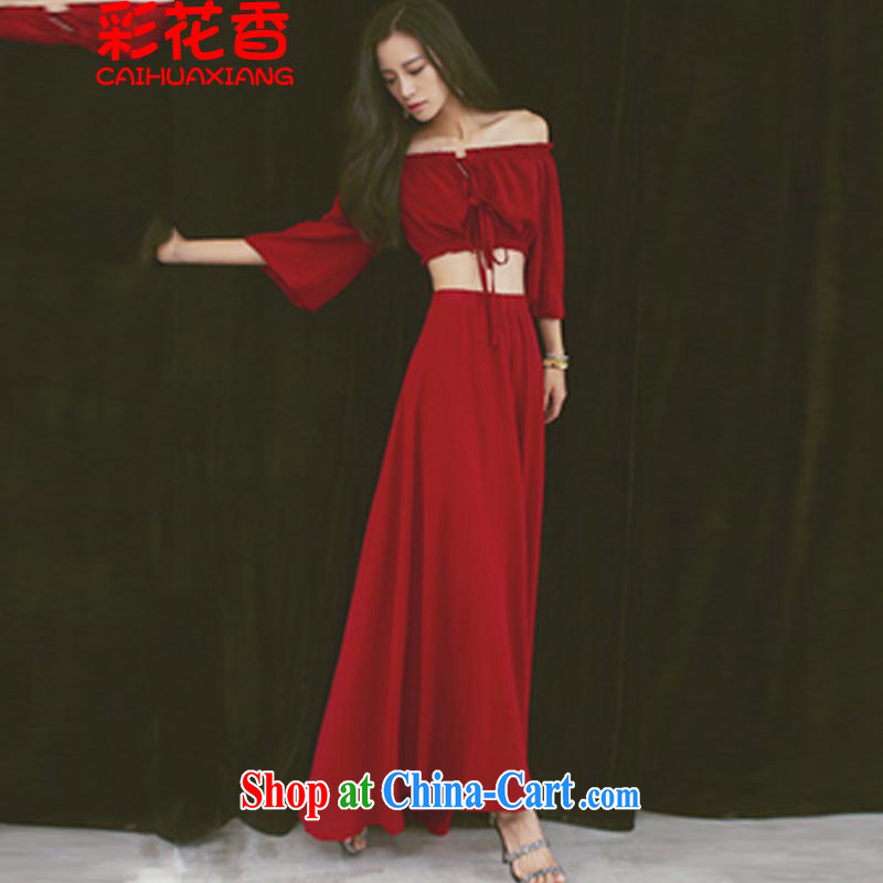 Colorful Flowers 20,151 field for your shoulders, leakage with umbilical cord high waist travel wedding Bohemia Beach Resort skirt long skirt 8138 red L, flower (CAI HUA XIANG), shopping on the Internet
