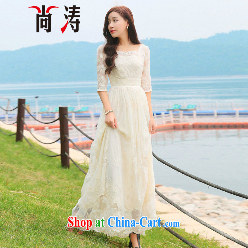 Hu Jintao was 2015 summer new embroidery flowers exclusive lace dresses style fashion dress short-sleeve fairy skirt dress long skirt C 0017 M apricot L, consultative (SHANGTAO), online shopping