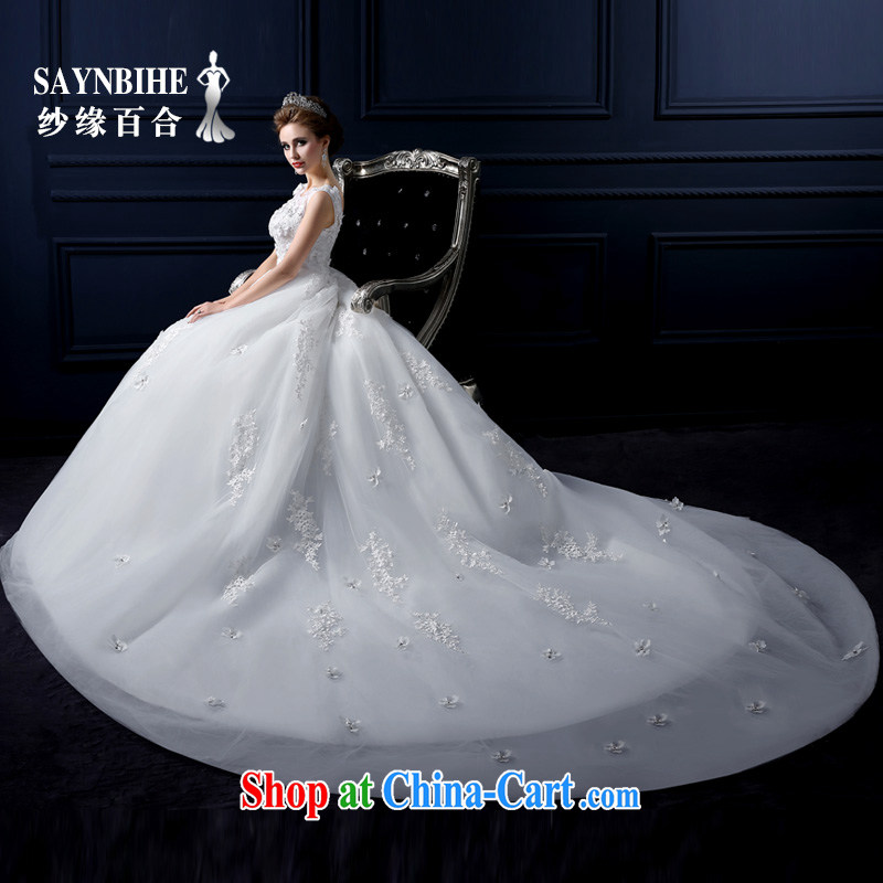Yarn edge 100, wedding dresses 2015 new spring and summer field shoulder tail wedding Korean lace with wedding bridal marriage sweet Mary Magdalene chest graphics thin shaggy dress white tail tailor advanced customization