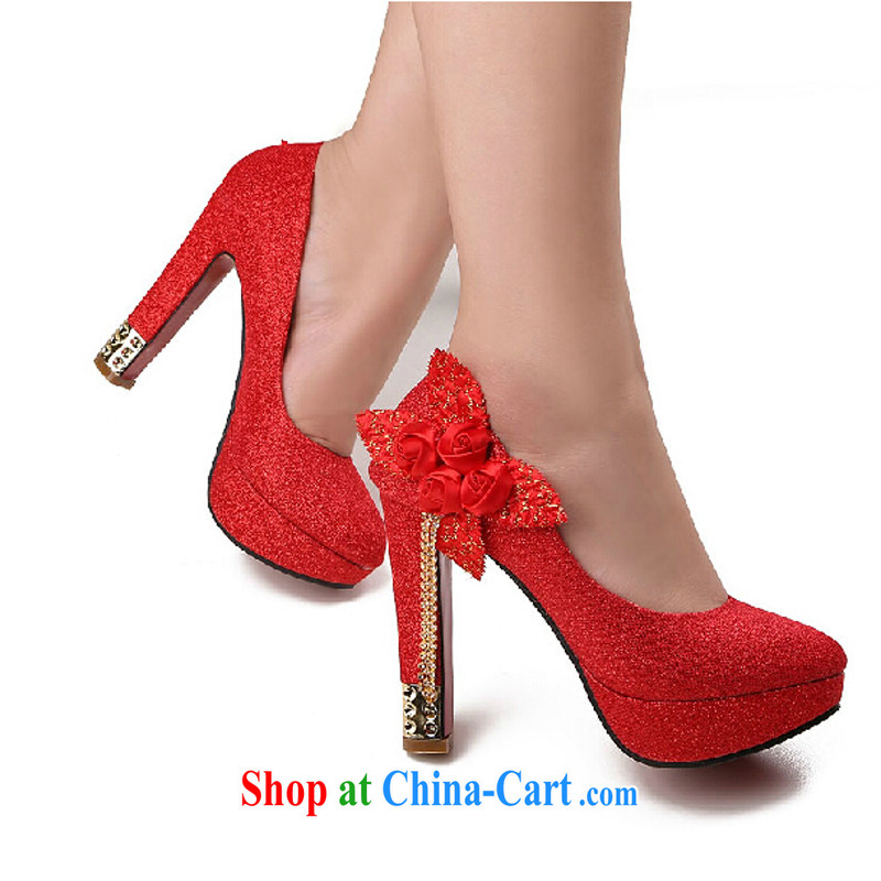 Pure bamboo love yarn new waterproof desktop high-heel shoes marriage red bridal wedding ceremony shoes bridesmaid dress Princess women shoes 30,559 red 39