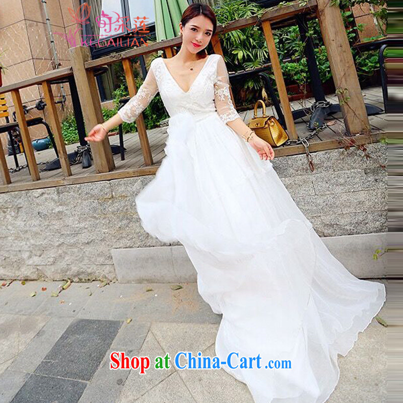 For the lotus bridal wedding dresses skirt summer 2015 summer new female deep V collar sexy lace dress large drag and drop to fairy skirt white M