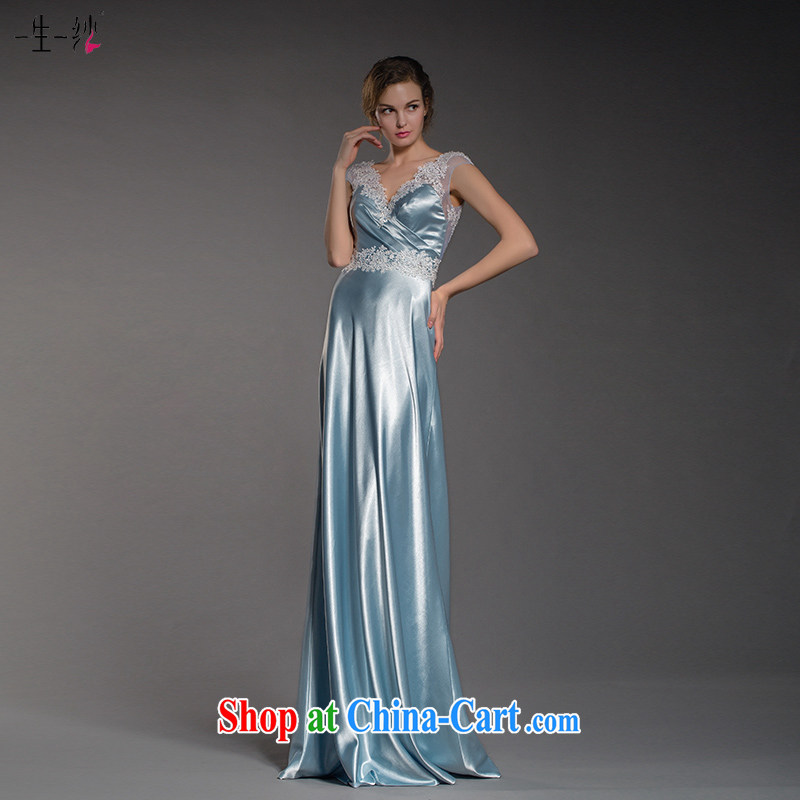 A lifetime by spring 2015 new Cinderella sea blue dress Deep V collar lace decals bridal gown 402401405 blue XL code 20 days pre-sale