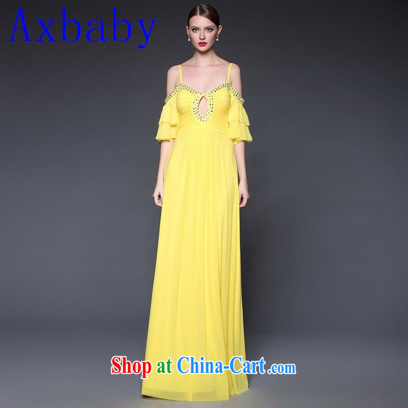 Axbaby European site 2015 summer new bare shoulders nails Pearl strap Sin-long evening dress dresses W 5014 yellow are code