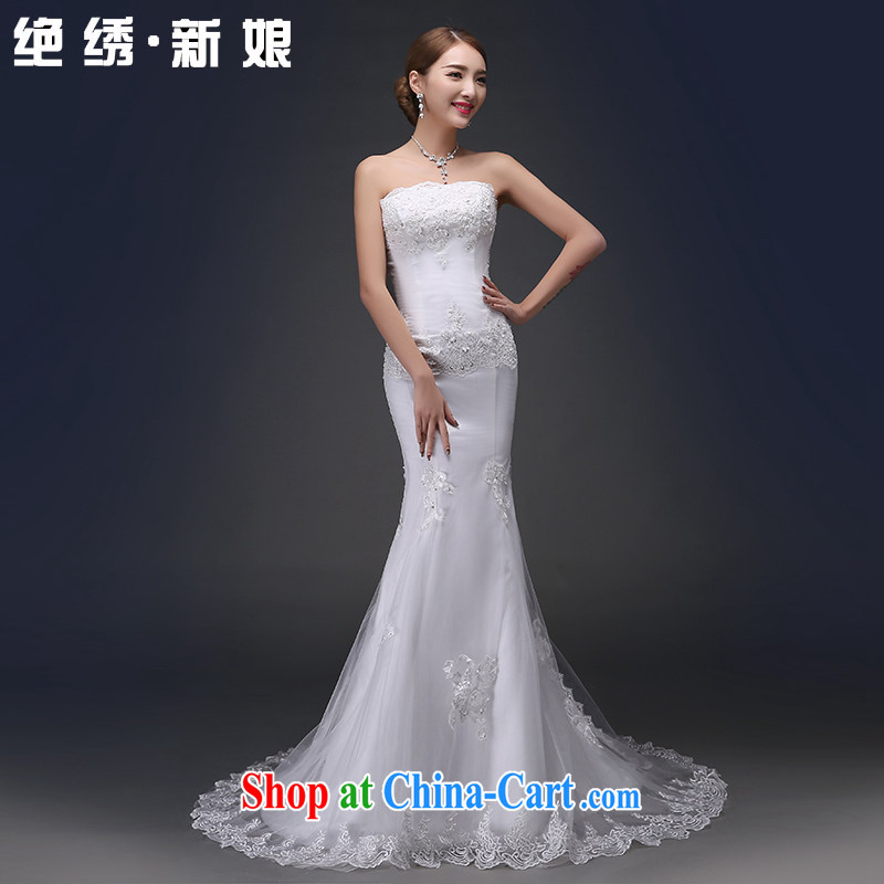 2015 spring and summer new Korean fashion lace bare chest cultivating crowsfoot bridal graphics thin strap tail wedding dresses white S code 1 feet 9 waist Suzhou shipping