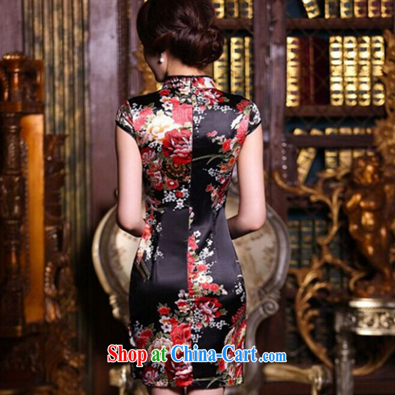 2015 new summer cheongsam dress Everyday Women retro improved stylish beauty summer short, silk cheongsam dress black saffron XL, the tiger, and shopping on the Internet