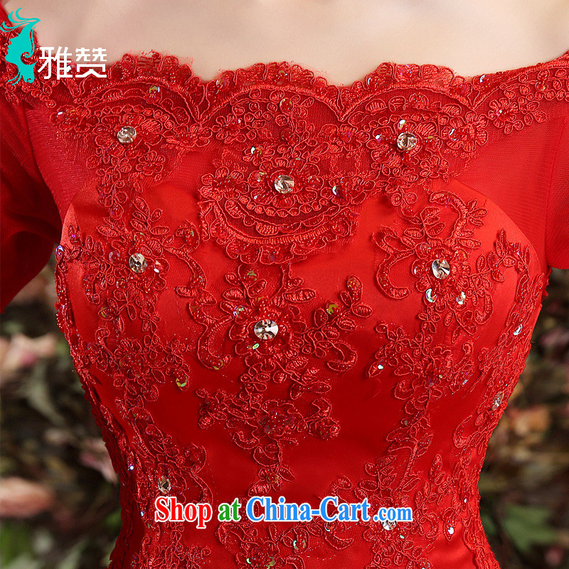 And Jacob his red wedding married a Field shoulder long-tail 2015 new spring and summer bride Korean-style long-sleeved lace water drilling upscale red XXL, Zambia (YAZAN), online shopping