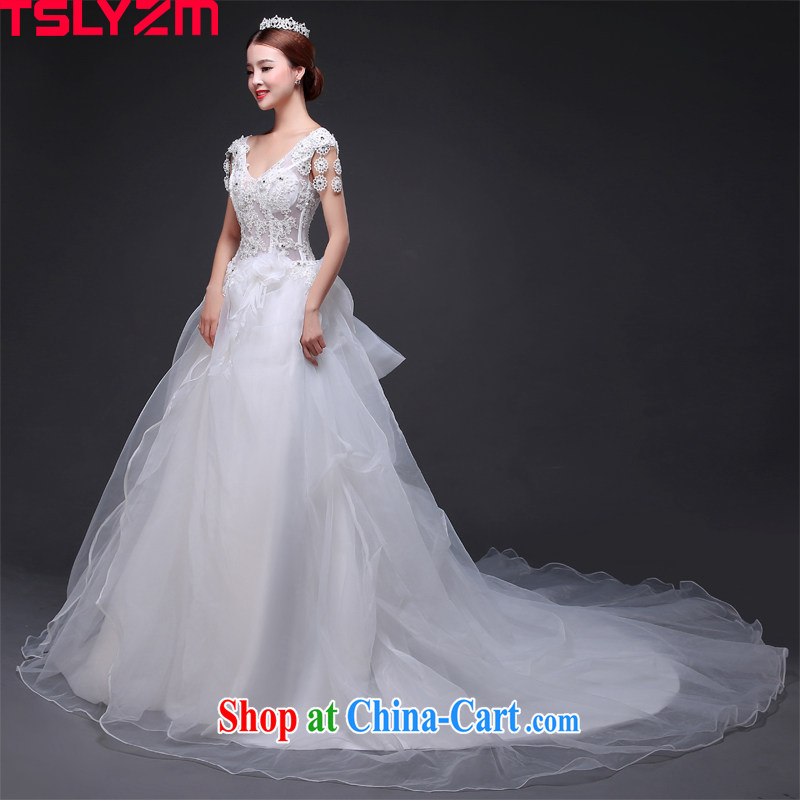 Tslyzm bridal double-shoulder-tail wedding dresses new 2015 summer Korean lace the bowtie V fluoroscopy for a field package shoulder water drill skirt white XXL