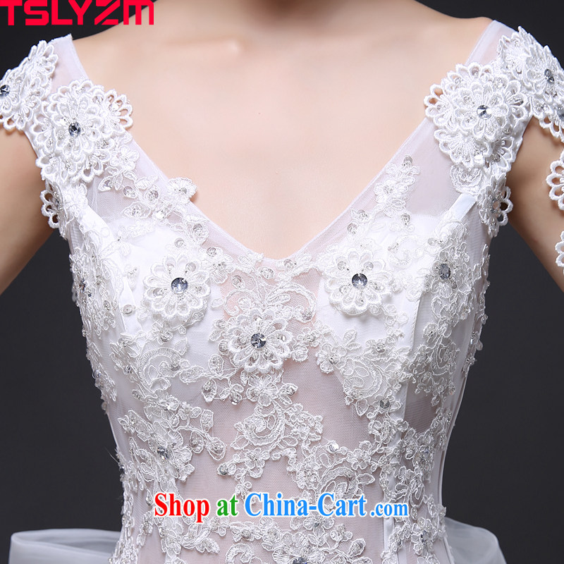 Tslyzm bridal double-shoulder-tail wedding dresses new 2015 summer Korean lace the bowtie V fluoroscopy for a field package shoulder water drill skirt white XXL, Tslyzm, online shopping