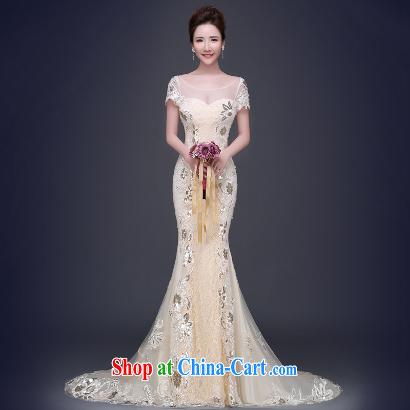 Jie MIA 2015 new stylish one shoulder tail wedding dresses summer bride Mary Magdalene Beauty Chest graphics thin wedding summer champagne color XXL