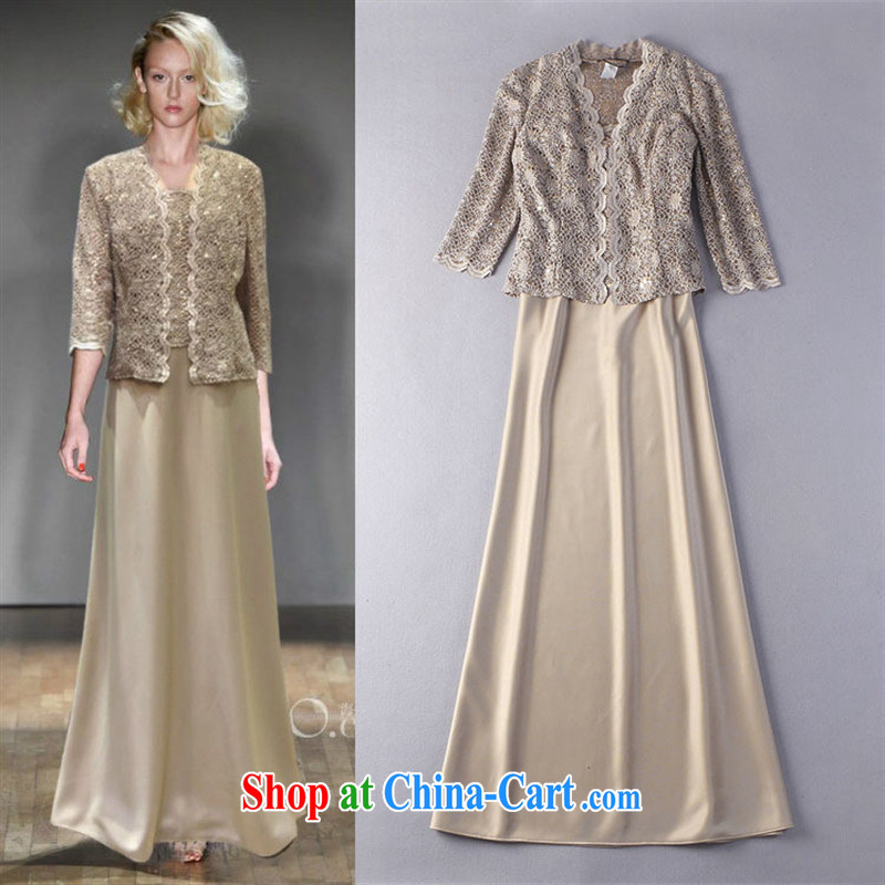 The main 2015 spring and summer Europe ladies embroidered staples, shawl jacket + stitching straps long skirt two piece dress gold 12