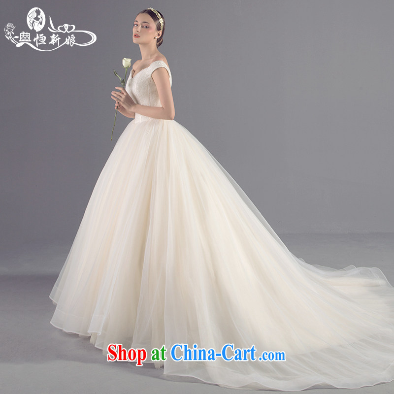 Code hang bridal new Korean lace V for simple girl wedding champagne color the tail field shoulder custom wedding high-end marriage private dress champagne color XL, and Hang Seng bride, shopping on the Internet