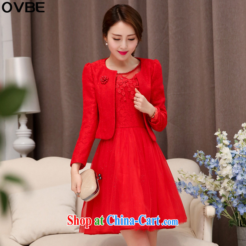 OVBE Korean version 2015 spring loaded new beauty video thin dress sweet dress skirt set style lace stylish wedding two-piece female Red XXXL