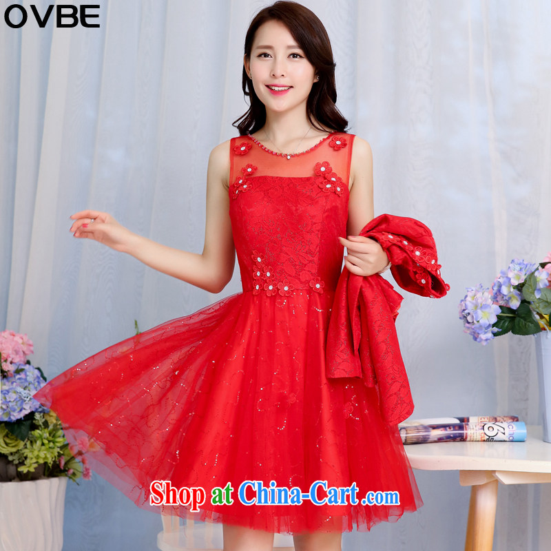 OVBE Korean version 2015 spring loaded new beauty video thin elegant dress skirt set style lace evening dress wedding two-piece female Red XXXL