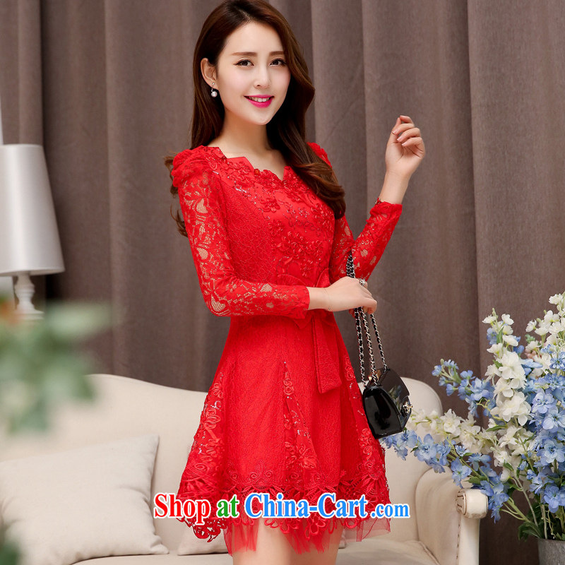OVBE Korean version 2015 spring loaded new beauty video thin elegant evening dress wedding style ripple for long-sleeved lace dresses female Red XL, OVBE, shopping on the Internet