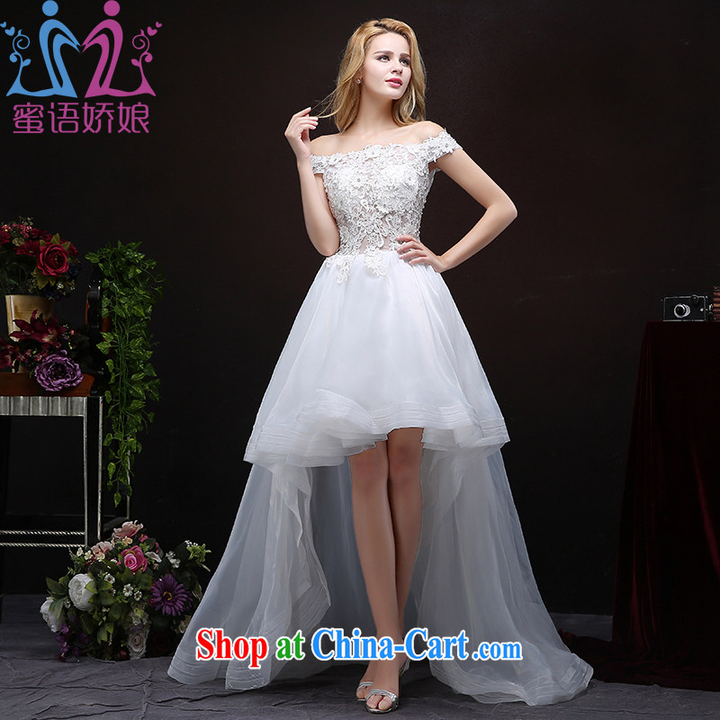 Honey, bride wedding dresses 2015 new front short long-tail a shoulder for Korea graphics thin larger wedding lace Princess home yarn white XXL