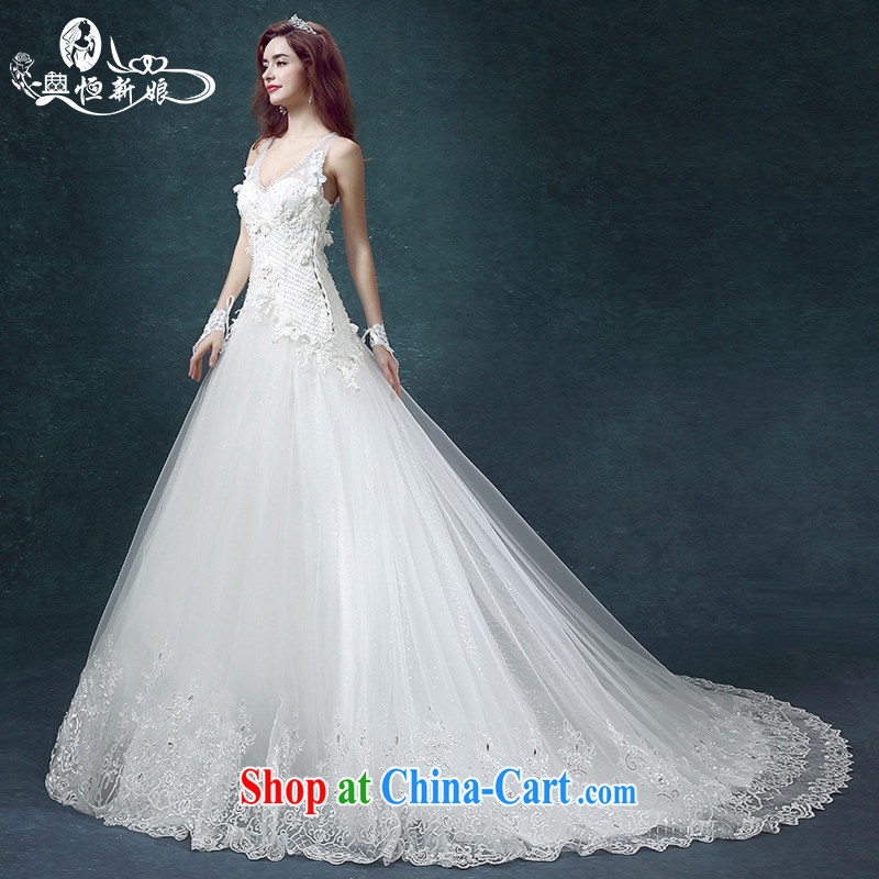 Code hang bridal 2015 summer Korean-style wedding dresses shoulders side tied with a large tail wedding lace larger graphics Thin women sense V fluoroscopy side strap white XXXL