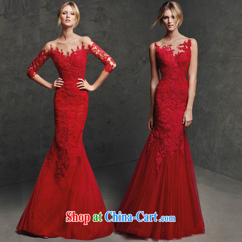 2015 New one shoulder wedding toast service red lace long-sleeved back exposed beauty at Merlion dress long marriage, wedding double-shoulder, tailor, dirty man, shopping on the Internet