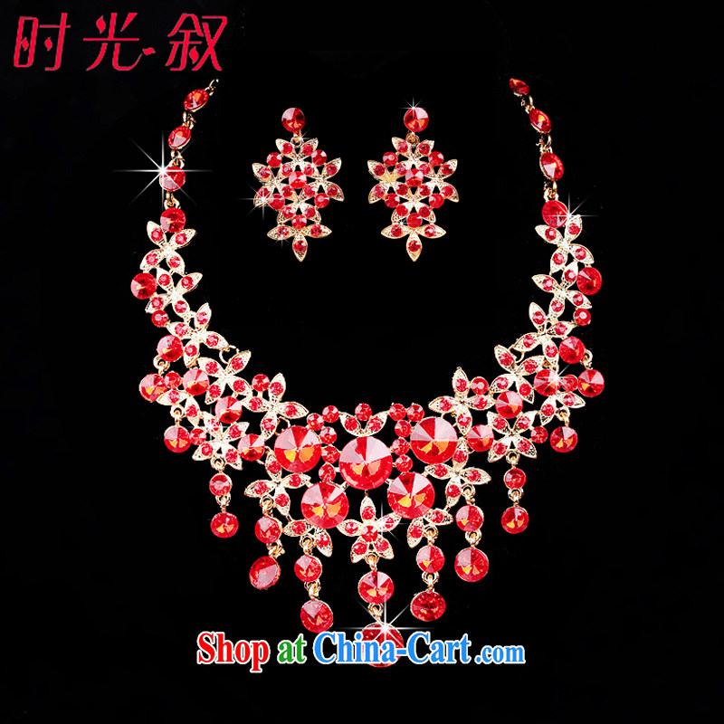 Time his Korean-style water drilling wedding jewelry bridal headdress Kit red necklace Crown 3 piece jewelry wedding accessories necklaces earrings