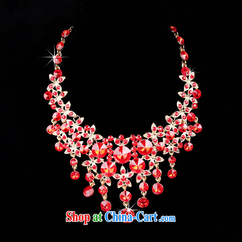 Time his Korean-style water drilling wedding jewelry bridal headdress Kit red necklace Crown 3 piece jewelry wedding accessories necklaces earrings, the time, and, on-line shopping