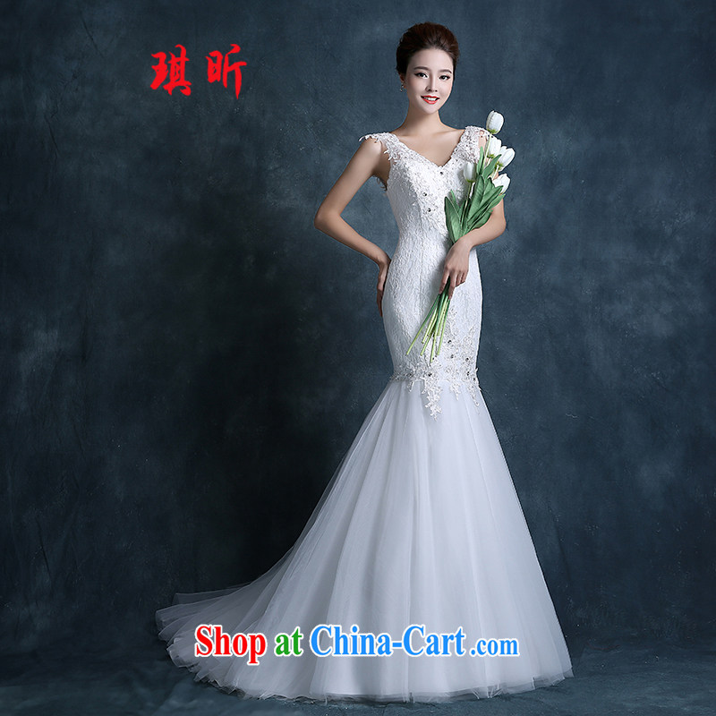 Angel year crowsfoot wedding 2015 new Autumn and Winter Fashion Korean shoulders V collar small tail graphics thin bridal wedding dress white XXL, Qi, and shopping on the Internet