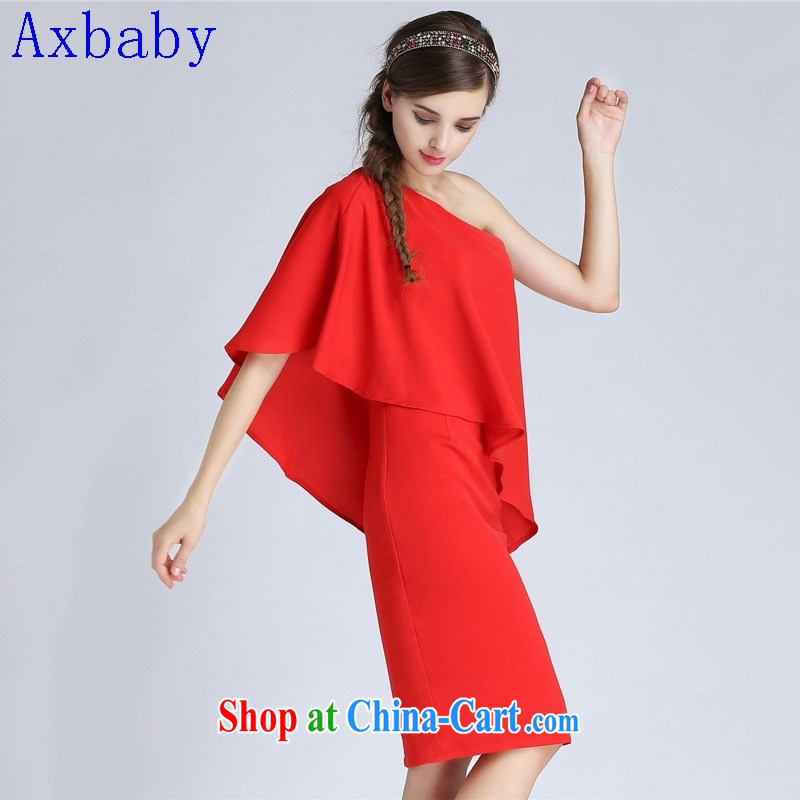 Axbaby summer 2015 new single shoulder flouncing beauty package and bare shoulders red bows dress female Red L